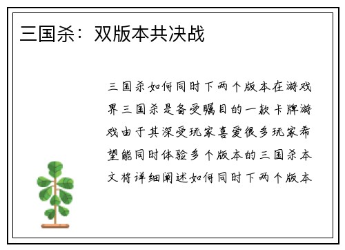 三国杀：双版本共决战